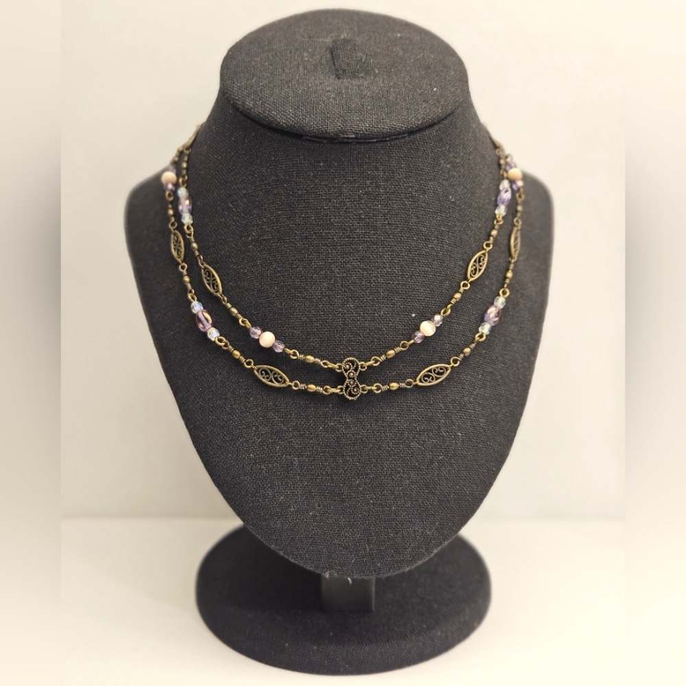 Purple and Tan Beaded Bronzetone Choker Necklace